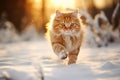 Cute fluffy red cat running in snowy winter forest on sunny evening Royalty Free Stock Photo