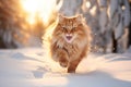 Cute fluffy red cat running in snowy winter forest on sunny evening Royalty Free Stock Photo