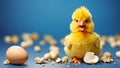 Cute fluffy shell chicken on color background