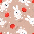 Cute fluffy white bunnies with red balloons on a mocha background.Seamless pattern