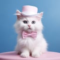 cute fluffy white cat in a pink hat and bow tie on a blue background Royalty Free Stock Photo