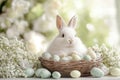 Cute fluffy white easter rabbit nestled in a basket with pastel eggs for holiday decor Royalty Free Stock Photo