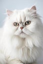 Cute fluffy white long-haired Persian cat looking straight into the camera. Macro shot of the face with grouchy expression Royalty Free Stock Photo