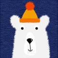 Cute fluffy white polar bear in a hat for design of T-shirts, cards, greetings, postcards, vector illustration in cartoon style.