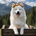 Cute fluffy white Samoyed puppy in a wooden box on a nature background