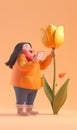 Cute fluffy woman takes a picture of a giant yellow tulip. Canadian Tulip Festival or Netherlands event. Vertical 3d Royalty Free Stock Photo