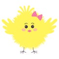Cute fluffy yellow chick with pink bow. Easter baby chicken. Cartoon character Royalty Free Stock Photo