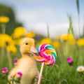 Cute fluffy yellow duckling etaing a colorful lollipop in a field with flowers