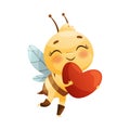 Cute Flushed Bee Character with Striped Yellow Body and Wings Holding Red Heart Vector Illustration