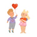 Cute Flushed Boy and Girl Standing Holding Heart and Balloon Vector Illustration Royalty Free Stock Photo