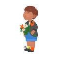 Cute Flushed Boy in Jacket Holding Flower Bouquet Vector Illustration