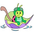 A cute fly insect riding a leaf boat washed away in the flood, doodle icon image kawaii