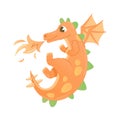 Cute flying baby dragon illustration blowing fire.