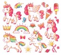 Cute flying baby rainbow unicorn with gold stars and sweet ice creams. Magic little pony fantasy unicorns cartoon vector set Royalty Free Stock Photo