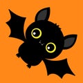 Cute flying bat black silhouette icon. Cartoon funny baby character with big open wing, yellow eyes, ears. Happy Halloween. Forest Royalty Free Stock Photo