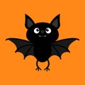 Cute flying bat. Happy Halloween. Cartoon kawaii funny baby animal charater. Greeting card. Flat design. Orange background. Royalty Free Stock Photo