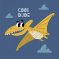 Cute flying dinosaur. Pterodactyl. Best for children designs, tees, birthday flyers and invitations. Dino party template.