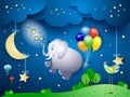 Cute flying elephant and balloons on night landscape Royalty Free Stock Photo