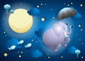 Cute flying elephant with umbrella on starry sky