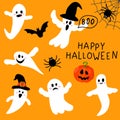 Cute flying ghost spirit set in flat childlike style. Happy Halloween collection with spider, spider web, pumpkin, ghosts Royalty Free Stock Photo