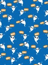 Cute Flying Ghosts Vector Pattern. White Adobrable Ghosts on a Blue Background.