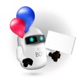 Cute flying robot with red and blue balloons holding a sign without text in his hand Royalty Free Stock Photo