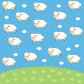 Cute flying white sheep in shape clouds on sky background. Set funny sheep for baby and kids. Cartoon lambs. Royalty Free Stock Photo