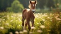 Cute foal walking through the meadow. Generative AI