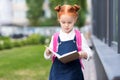 cute focused redhead schoolgirl with backpack reading Royalty Free Stock Photo