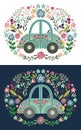 Cute folk cartoon car with a lot of floral elements and patterns. Hand drawing flat doodle