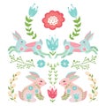 Cute folk design rabbits in beautiful flowers.