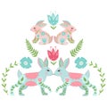 Cute folk design rabbits in beautiful flowers.