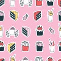 Cute food cake muffin cupcake strawberry delicious dessert seamless pattern