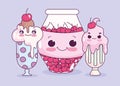 Cute food ice cream cups and jar with cherries sweet dessert pastry cartoon