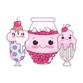 Cute food ice cream cups and jar with cherries sweet dessert pastry cartoon isolated design