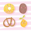 Cute food nutrition cartoon character sweet donut bean coffee pretzel and orange
