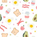 Cute food - scrambled eggs, coffee and toast for breakfast. Pattern