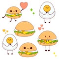 Cute food set. Funny collection of burgers with egg. For posters, postcards, scrapbooking, stickers Royalty Free Stock Photo