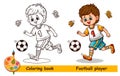 Cute football soccer player boy child education coloring book page. Kid footballer sportsman character playing sport game. Vector