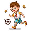 Cute football soccer player boy, child footballer playing sport game icon. Kid sportsman cartoon character run, kick ball. Vector Royalty Free Stock Photo