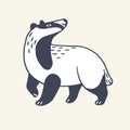 Cute forest animal outline. Happy fluffy brock, funny badger walks, looking around, sniffing. Wild furry woodland beast