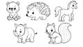 Cute forest animals bear, squirrel, horse, rhino and hedgehog drawn with simple lines for kids coloring book pages isolated Royalty Free Stock Photo