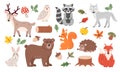 Cute forest animals character set in cartoon flat style. Autumn season elements. Kids design for print, poster, stickers Royalty Free Stock Photo