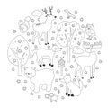 Cute forest animals circle shape for coloring book. woodland characters. Black and white print with squirrel, owl, fox