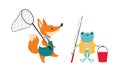 Cute forest animals hiking and camping on nature set. Fox cub walking with butterfly catching net and frog with fishing Royalty Free Stock Photo