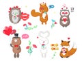 Cute forest animals in love, vector illustration. Funny bear, hedgehog, squirrel, fox, owl, rabbit with hearts, balloons