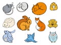 Cute forest animals. Mouse, Hare, fox, bird, owl, squirrel and hamster. Colorfull and flat illustration