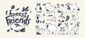 Cute forest animals, outlined set. Contoured wild wood beasts, childish characters. Black and white fox, owl, boar, wolf