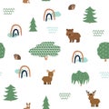 Cute forest animals seamless pattern with rainbows. Bear deer doe elk hare hedgehog. Vector illustration on white background Royalty Free Stock Photo