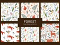 Cute forest animals seamless patterns collection. Woodland hand drawn vector backgrounds set of deer, bear, fox, hedgehog and Royalty Free Stock Photo